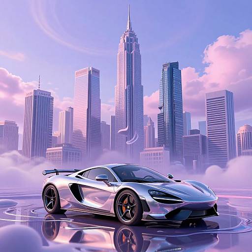 Digital art of a silver, sleek sports car with black accents, parked on a reflective surface in front of a futuristic, purple-tinged city skyline