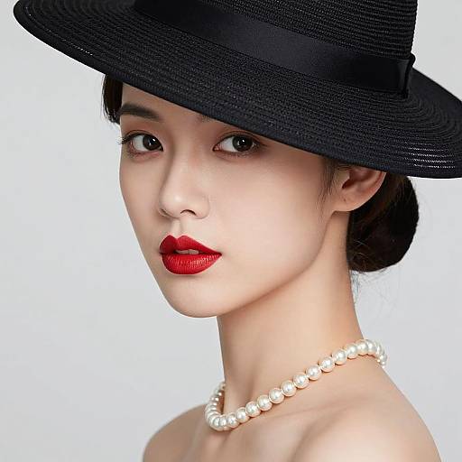 Photograph of an elegant Asian woman with pale skin, red lipstick, black wide-brimmed hat, pearl necklace, and white background.