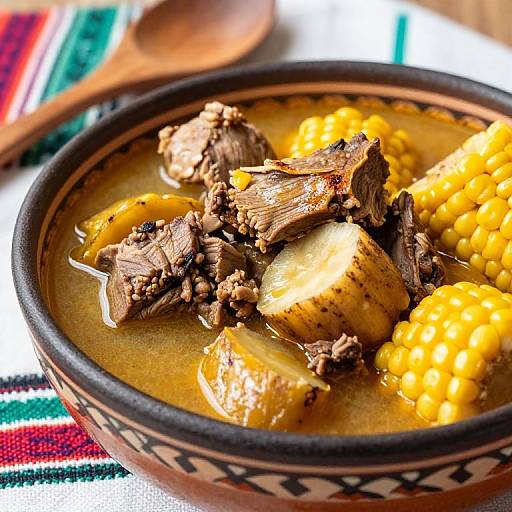 Photograph of a bowl of rich beef stew with yellow corn and potatoes, in a patterned clay bowl on a colorful striped cloth.