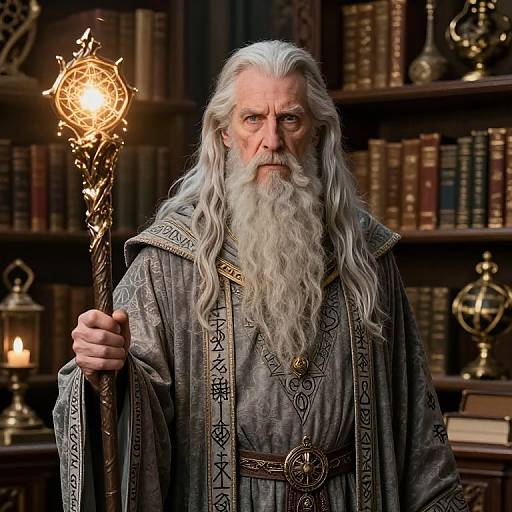 Photograph of a stern, white-bearded wizard with long gray hair, wearing a detailed, ornate robe, holding a glowing, intricate staff,
