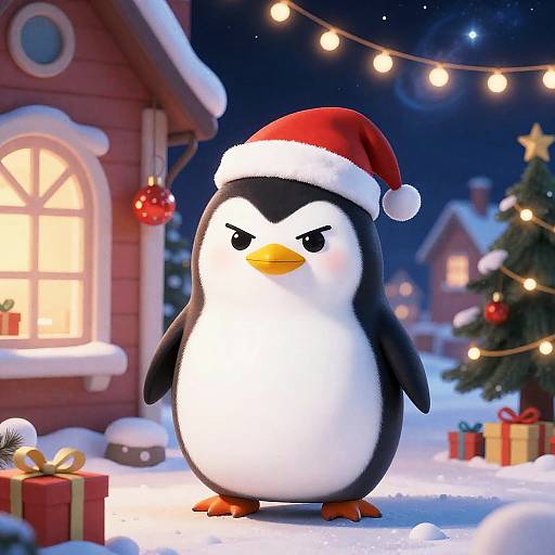 Pixar-Style Angry Chubby Penguin Christmas Night
