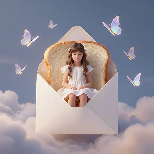 Digital artwork of a young girl with long brown hair in a white dress, sitting inside a large white envelope with bread, surrounded by glowing butterflies, floating
