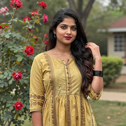 Young Indian Woman in Yellow Traditional Dress in Garden