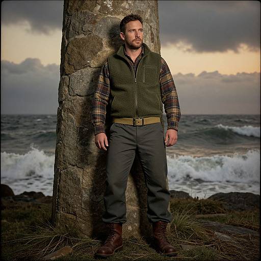 Photograph of a bearded man in a green vest, plaid shirt, and gray pants, leaning against a stone pillar by a stormy ocean
