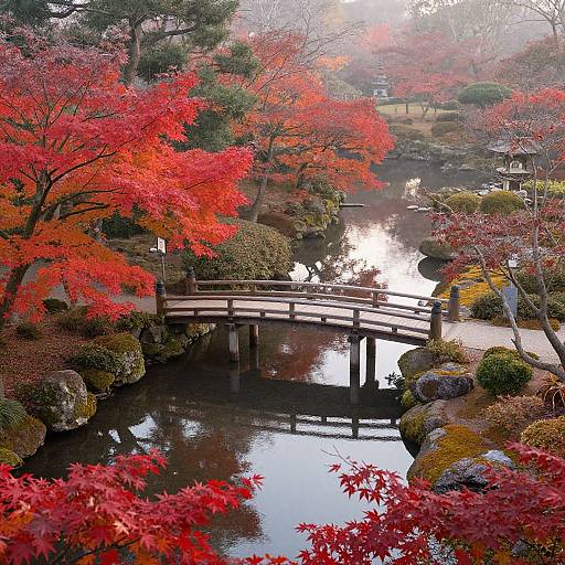Photograph of a serene Japanese garden with a wooden bridge, reflecting bright red and orange autumn leaves in a calm pond.