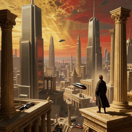 Digital artwork of a man in a long black coat standing on a classical column, overlooking a futuristic cityscape with towering skyscrapers, vibrant sunset,