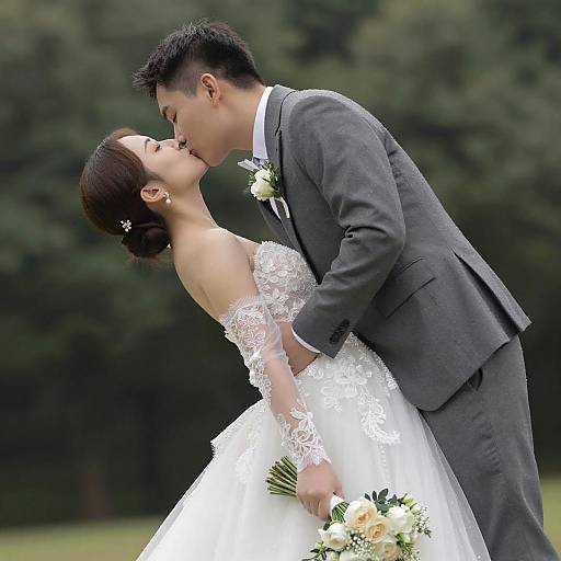 Bride and Groom Sharing Outdoor Wedding Kiss