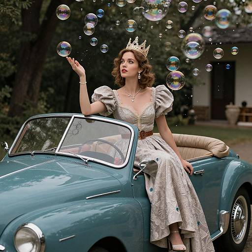 Photograph of a fair-skinned woman with curly brown hair, wearing a silver crown and ornate silver dress, sitting in a blue vintage convertible,