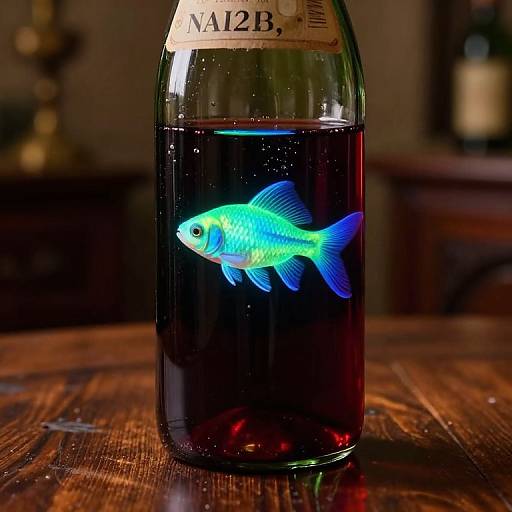 Photograph of a glowing neon blue fish inside a clear glass bottle filled with dark liquid, labeled 