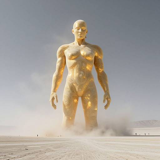 Photorealistic CGI of a muscular, bald, golden, abstract-patterned statue standing in a sunlit, vast desert with a hazy sky.