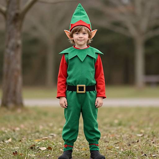 Photograph of a young child wearing a green elf costume with red sleeves, black belt, and pointed hat, standing in a grassy park with blurred