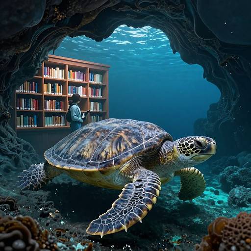 Photorealistic underwater image of a turtle swimming past a bookshelf in a dark, rocky cave, illuminated by blue light.