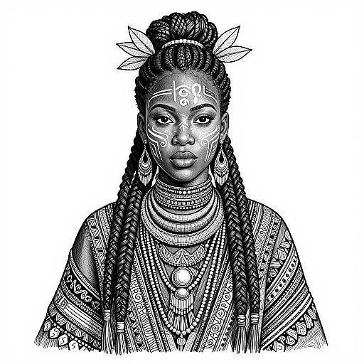Black and white digital drawing of a dark-skinned woman with intricate braids, tribal face paint, and detailed traditional jewelry, facing forward.