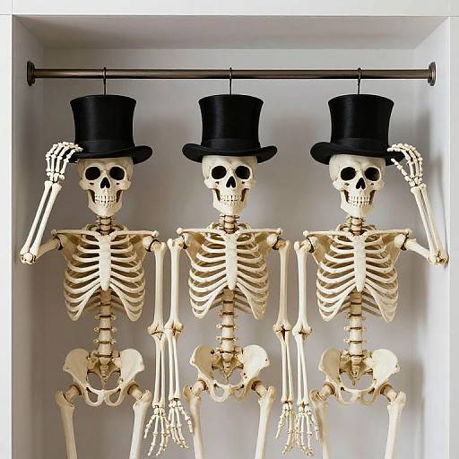 Photograph of three skeletal figures, wearing black top hats, hanging on a metal rod against a white wall.