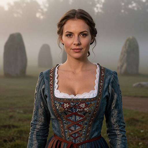 Photograph-style digital rendering of a fair-skinned woman with brown hair in an embroidered medieval dress, standing in a misty, stone monument-filled landscape