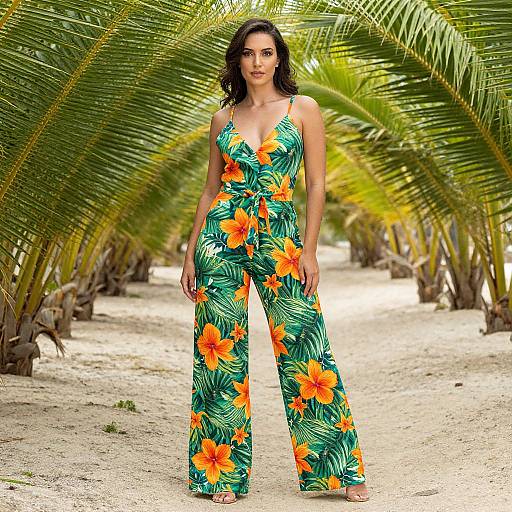 Photograph of a woman with medium skin tone, black wavy hair, wearing a vibrant green floral jumpsuit with orange hibiscus flowers,