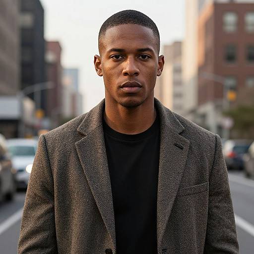 Photograph of a serious, handsome Black man with short-cropped hair, wearing a brown textured blazer over a black shirt, standing on a city