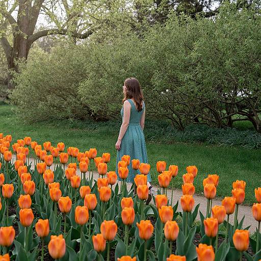 Photograph of a young woman in a green dress standing among vibrant orange tulips, with lush green bushes and trees in the background.