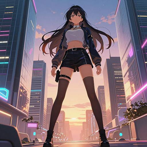 Digital anime-style artwork of a confident, long-haired girl in a cropped top, black shorts, thigh-high socks, and jacket, standing in a neon