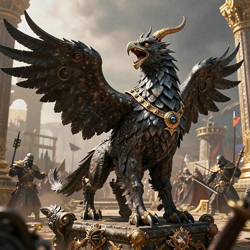 Digital art of a fierce, black-feathered, horned griffin with gold adornments, standing on a pedestal in a medieval, battle-s