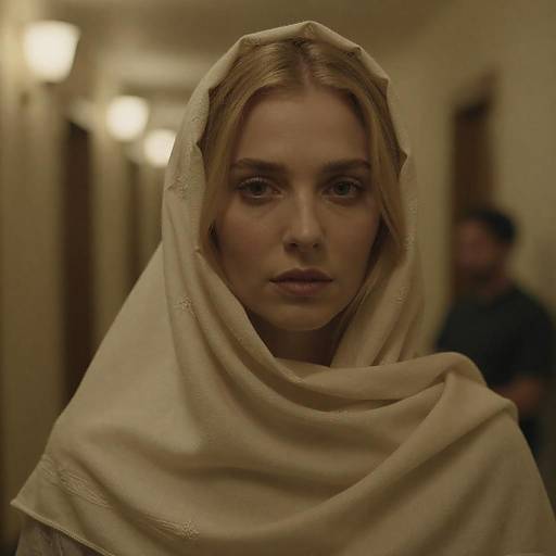 Mysterious Woman in Dimly Lit Hallway