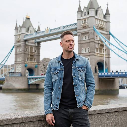 Photograph of a handsome, Caucasian man with short brown hair, wearing a blue denim jacket and black shirt, standing in front of London's Tower Bridge
