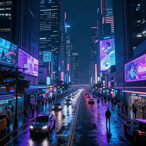 Neon-lit, rainy city street at night with vibrant blue, pink, and purple neon signs, busy traffic, and pedestrians in a futuristic urban