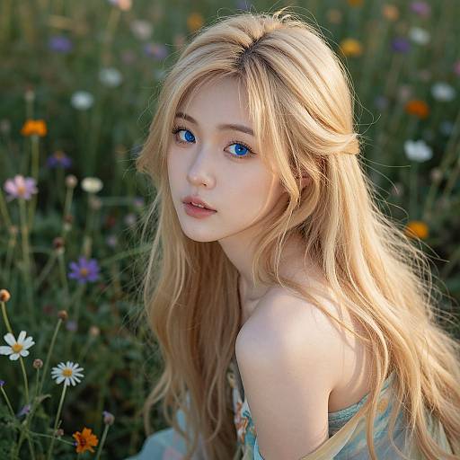 Photograph of a young, fair-skinned blonde woman with striking blue eyes, wearing a light floral dress, set against a vibrant meadow of colorful