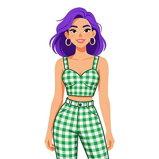 Digital illustration of a confident woman with purple hair, wearing a green and white checkered crop top and high-waisted pants, accessorized with large