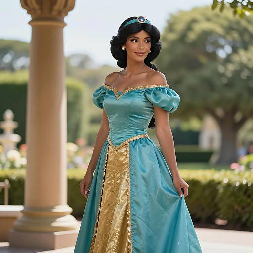 Woman in Teal and Gold Cosplay Gown in Garden