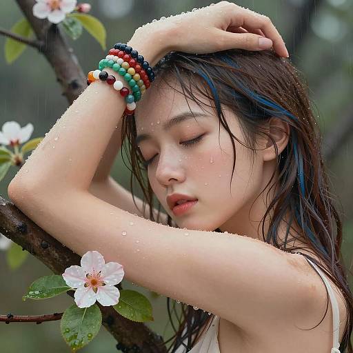 Serene Woman Under Raindrops and Flowers