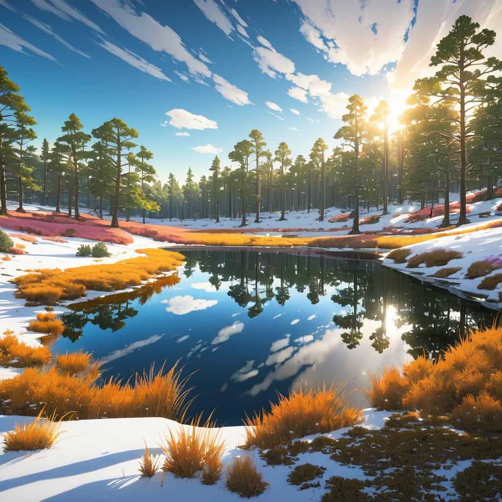 Serene Heathland and Snowy Lake Scene