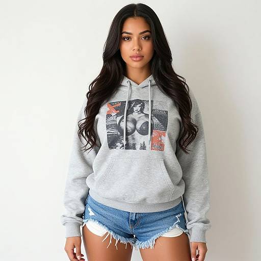 Photograph of a young woman with long black hair, wearing a gray hoodie with a graphic print and frayed denim shorts, standing against a plain white
