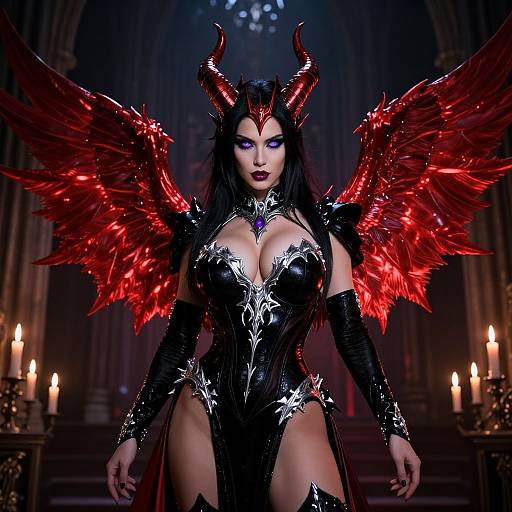 Digital art of a seductive, dark demoness with red wings, black armor, and horns, standing in a dimly lit cathedral with candles.