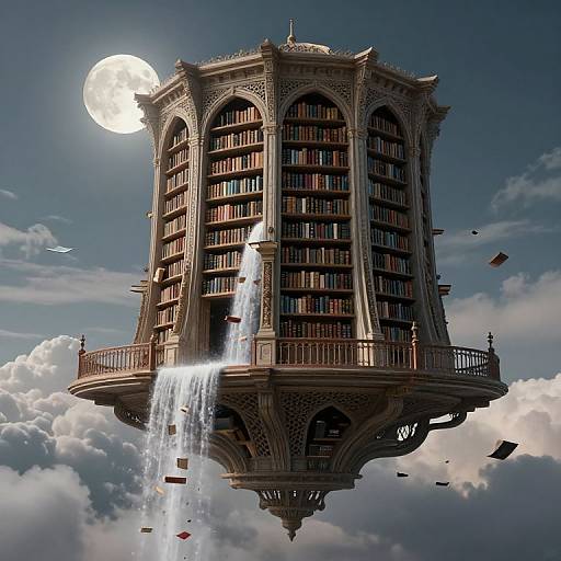 Digital artwork of a floating, ornate library with moonlit sky, cascading waterfalls, and books in mid-air, surrounded by clouds.