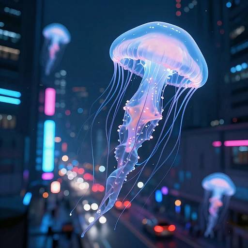 Photograph of a glowing blue jellyfish with long, translucent tentacles floating in a neon-lit urban cityscape at night.