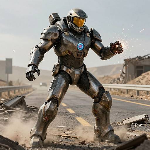 Photorealistic CGI of a futuristic, silver-clad, armored warrior with a glowing blue chest emblem, firing sparks on a sunlit, rubble-st