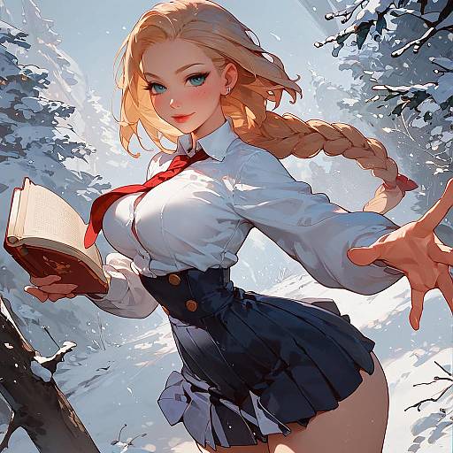Digital anime-style illustration of a blonde girl with blue eyes, braided hair, white blouse, red tie, blue skirt, and high-waisted