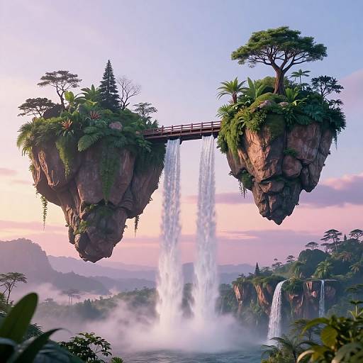 Fantastical CGI image of two floating rock islands connected by a wooden bridge, with waterfalls cascading between them, set against a pink and blue