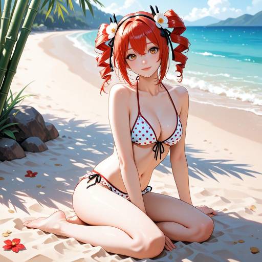 Cheerful Beach Girl in Polka Dot Bikini