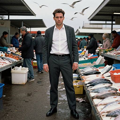 Confident Man at Bustling Fish Market