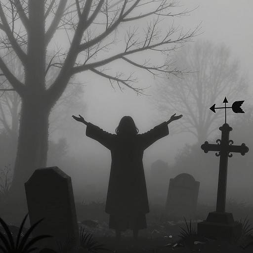Mysterious Silhouette in Foggy Graveyard