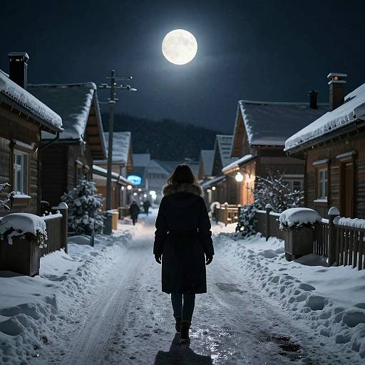 Photograph of a silhouetted person in a dark winter coat walking down a snowy street at night, illuminated by a full moon. Snow-covered