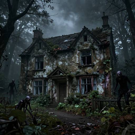Mysterious, eerie, dilapidated, moss-covered Victorian house in a dark, foggy forest with overgrown vegetation and a shadowy figure in