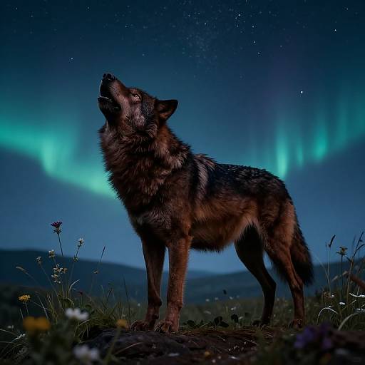 Photograph of a howling wolf with dark brown and black fur, standing on grassy terrain under a vivid blue-green aurora borealis sky.