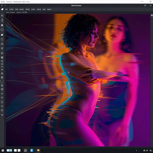 Photograph with digital art effects: silhouetted nude woman in profile, neon pink, blue, and orange light overlays, reflected in mirror,
