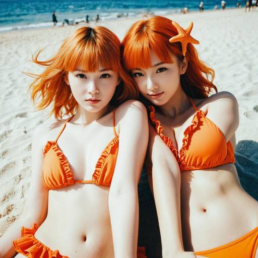 Two Women in Orange Bikinis on Beach