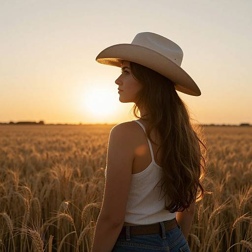 Photograph of a young woman with long brown hair in a white tank top and cowboy hat, standing in a golden wheat field at sunset.