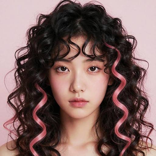 Photograph of a young Asian woman with curly black hair featuring pink highlights, fair skin, and neutral expression against a soft pink background.