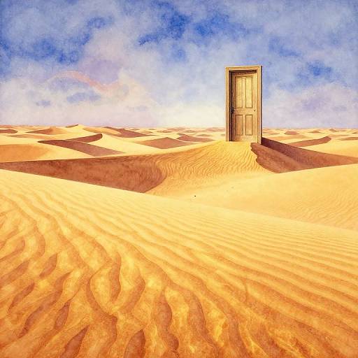 Digital artwork of a solitary wooden door standing in a vast, sunlit desert with rippled sand dunes under a blue, cloud-streaked sky